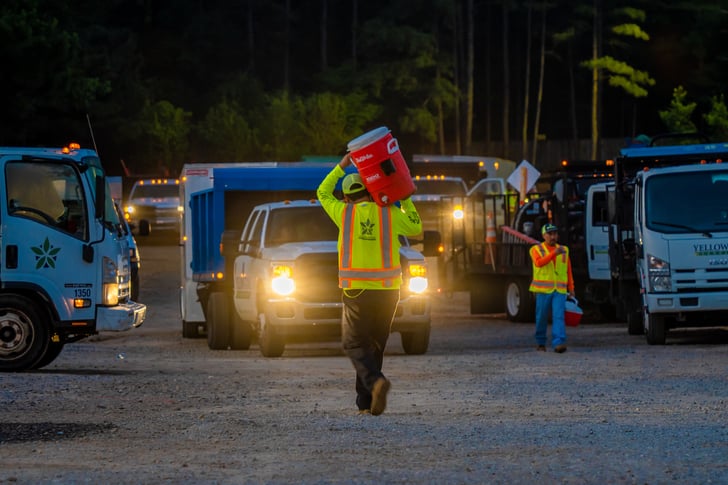 Commercial Landscaping crew water jug prepping trucks