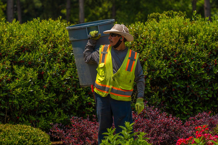 Commercial landscaping crew maintenance shrubs